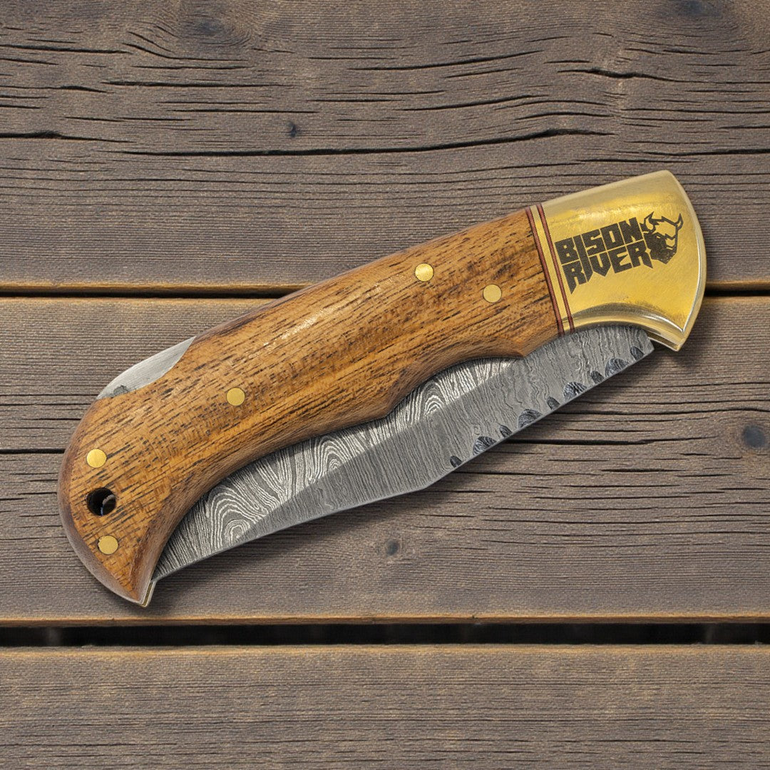 Custom engraved Bison River Damascus Steel Folding Knife with Acacia Wood Handle & Leather Sheath by Laser & Build Boutique
