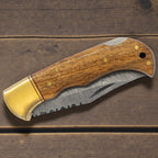 Custom engraved Bison River Damascus Steel Folding Knife with Acacia Wood Handle & Leather Sheath by Laser & Build Boutique