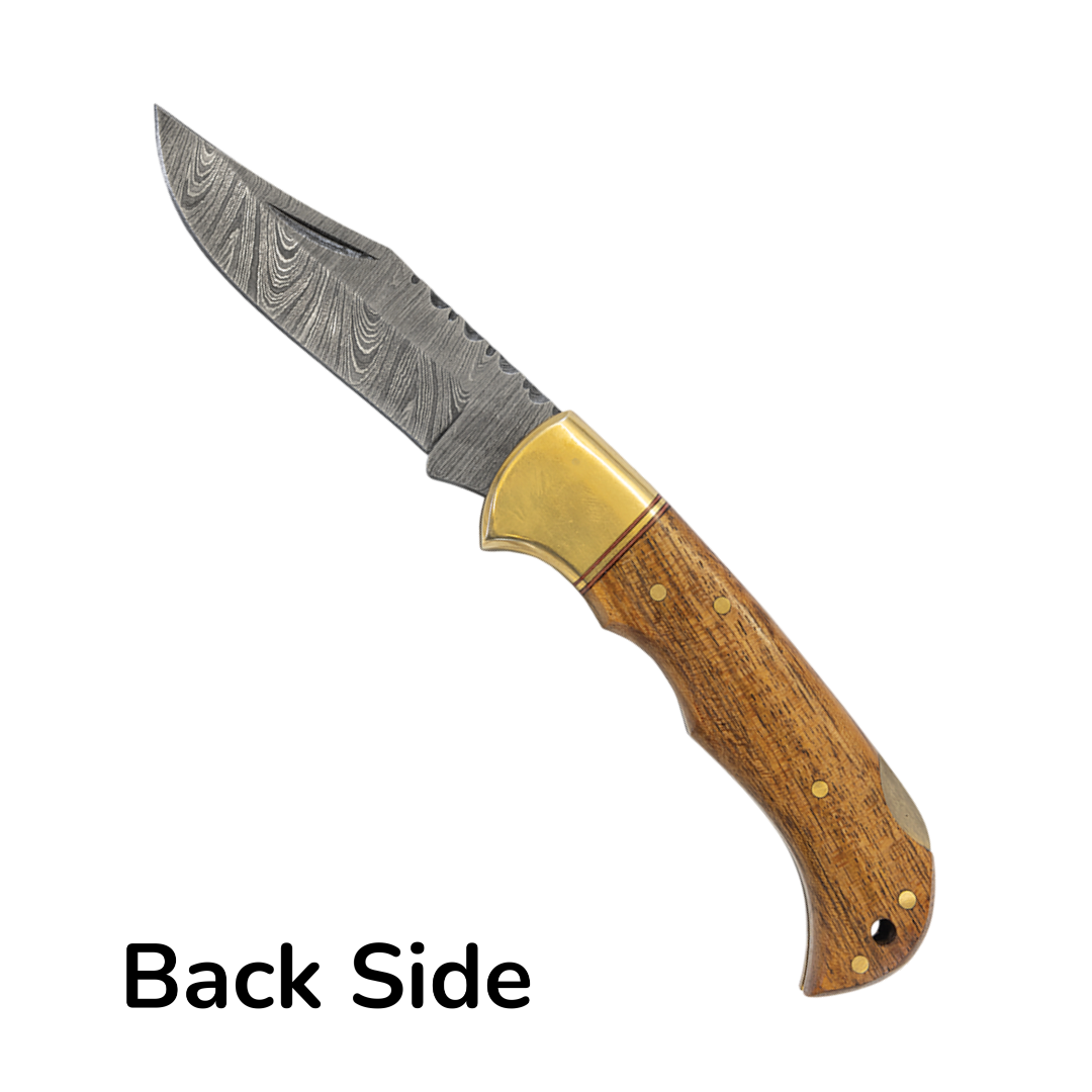 Custom engraved Bison River Damascus Steel Folding Knife with Acacia Wood Handle & Leather Sheath by Laser & Build Boutique