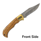 Custom engraved Bison River Damascus Steel Folding Knife with Acacia Wood Handle & Leather Sheath by Laser & Build Boutique