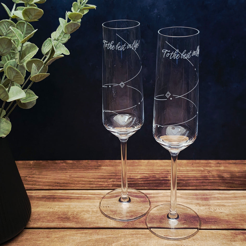 Schott Zwiesel champagne flute with decorative engraved celebration message