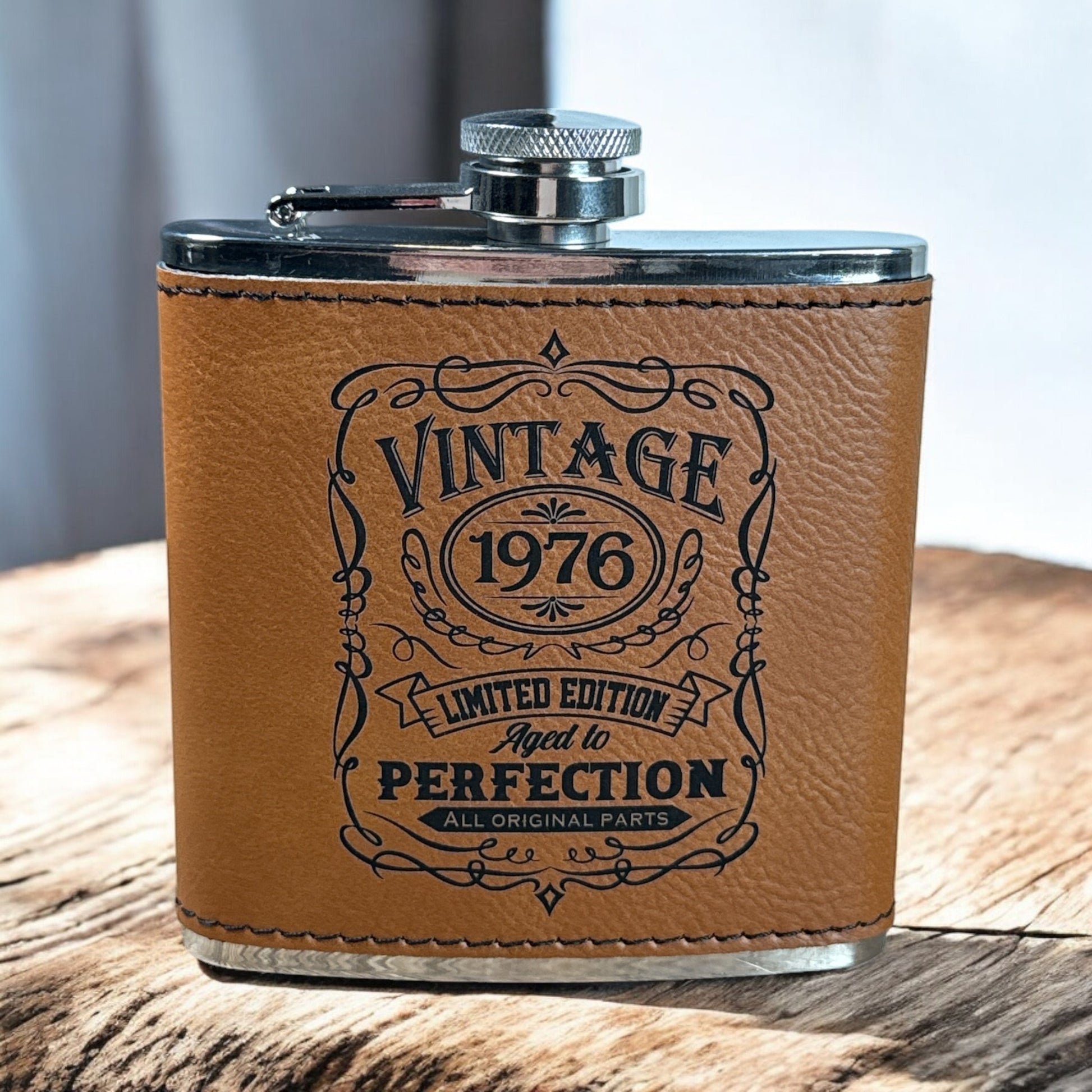 Engraved Leatherette Flask – Personalized “Aged to Perfection” Birthday Flask – Vintage Year Edition