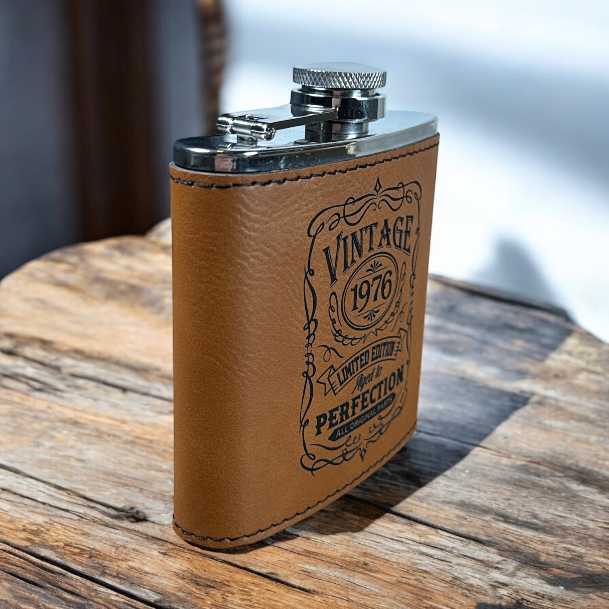 Engraved Leatherette Flask – Personalized “Aged to Perfection” Birthday Flask – Vintage Year Edition
