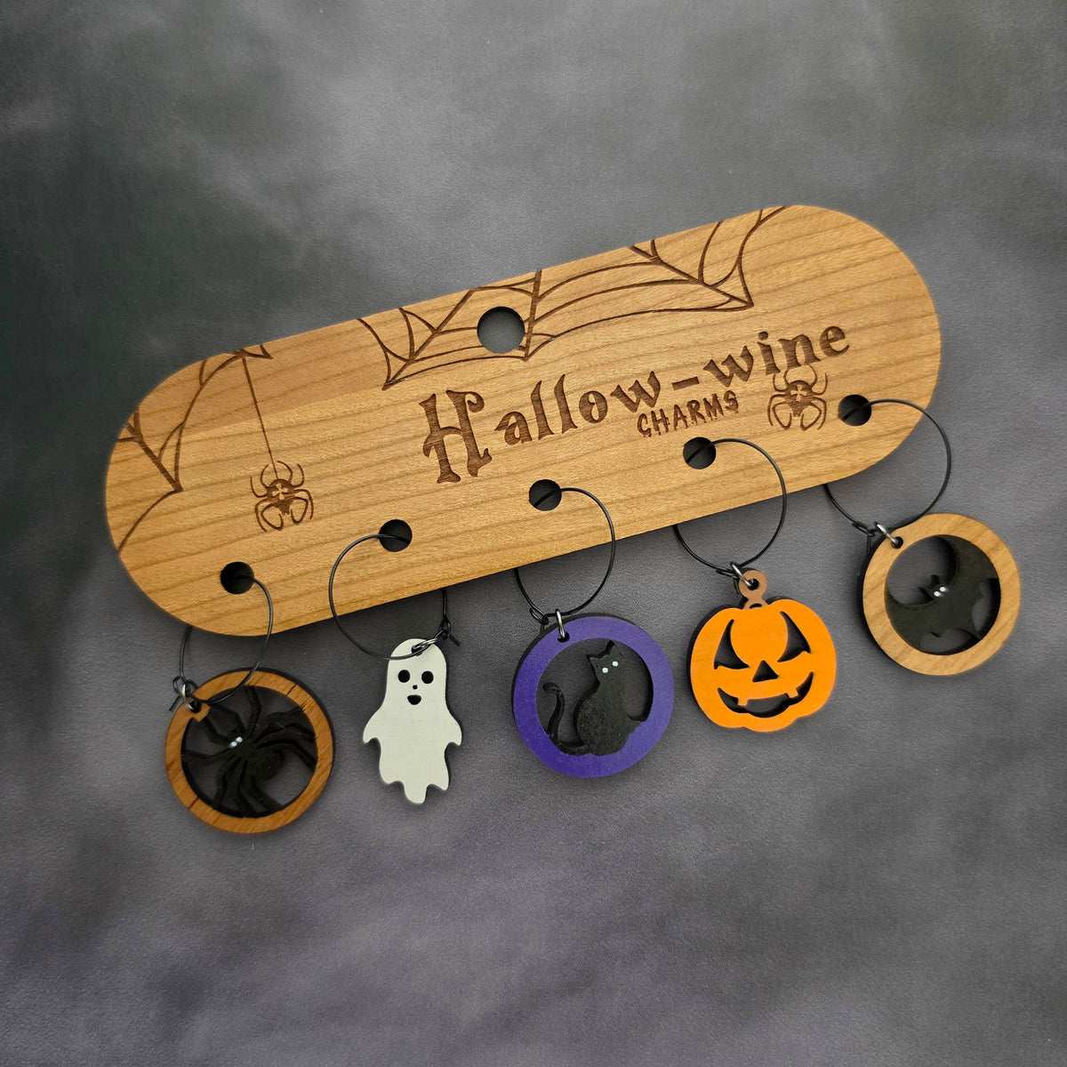 Hallowine Halloween Wine Charms with Wooden Holder