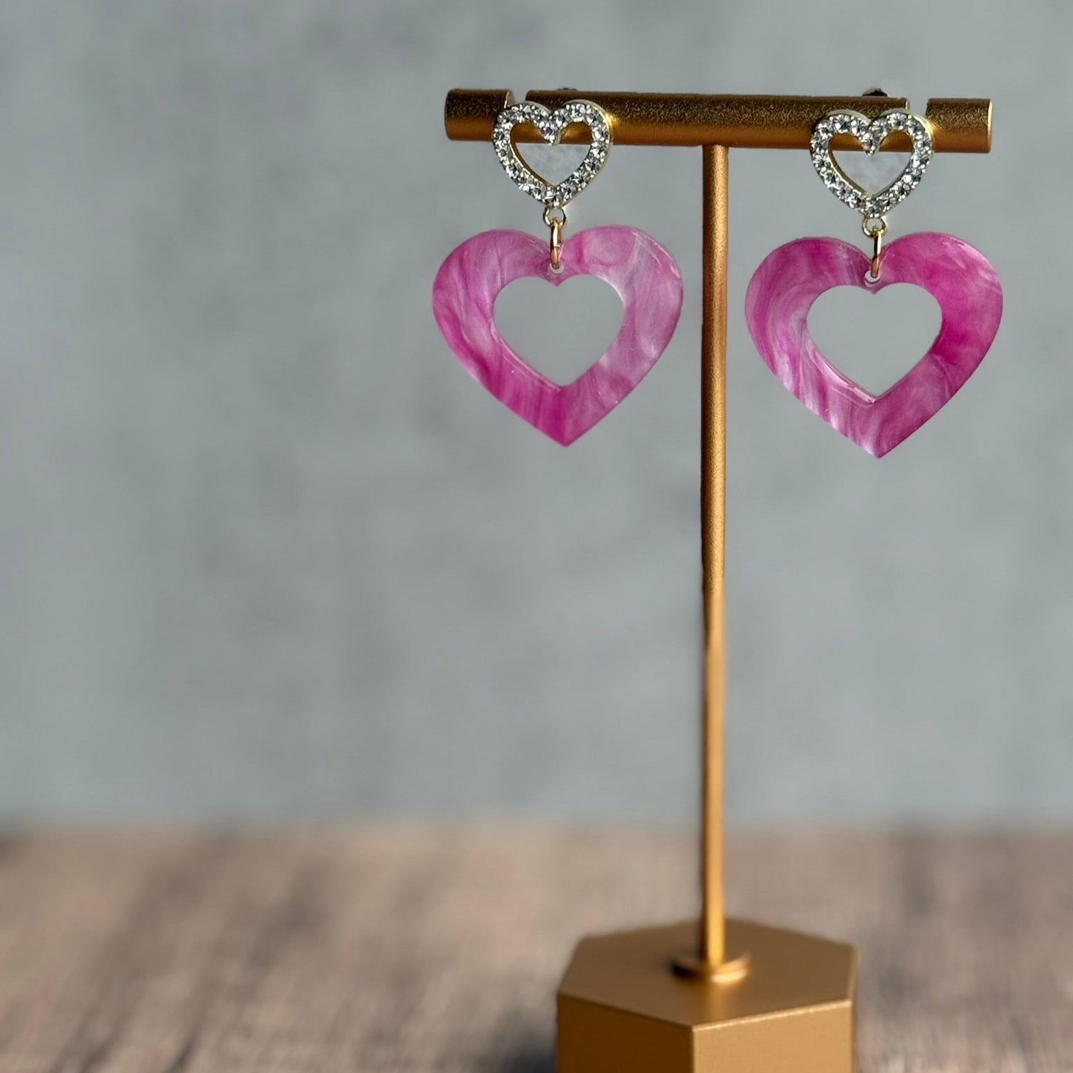 Pink Pearl Swirl Heart Earrings with Rhinestone Studs