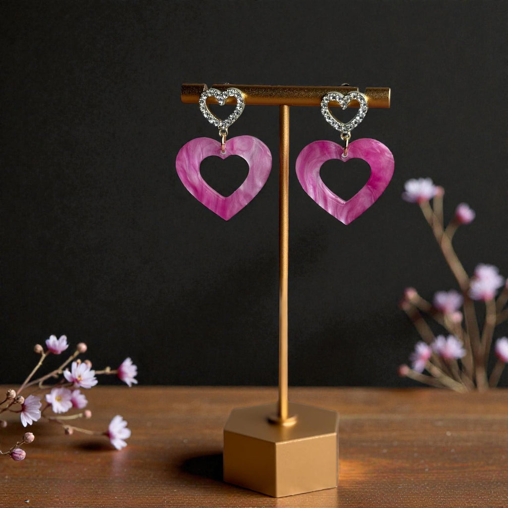 Custom engraved Pink Pearl Swirl Heart Earrings with Rhinestone Studs Acrylic Earrings by Laser & Build Boutique