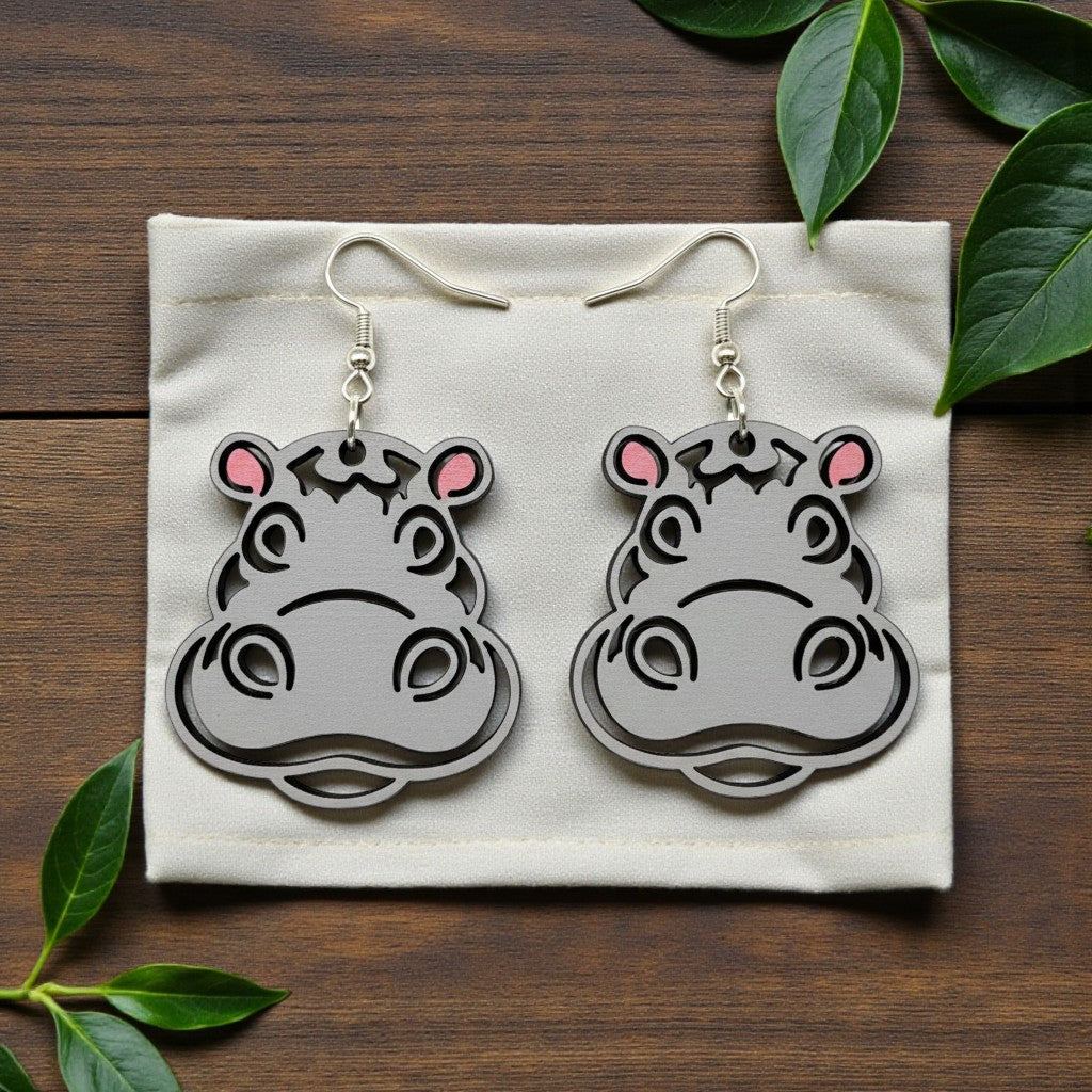 Custom engraved Hippo Head Wooden Earrings Wood Earrings by Laser & Build Boutique