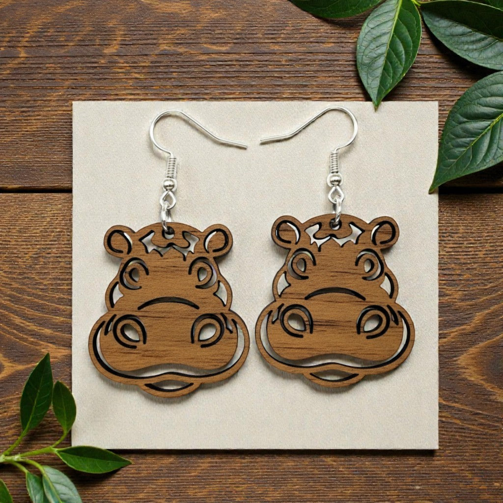 Custom engraved Hippo Head Wooden Earrings Wood Earrings by Laser & Build Boutique