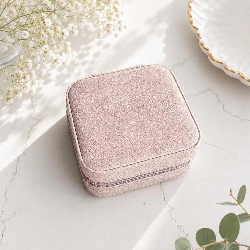 Compact personalized jewelry case with soft suede interior for travel in blush
