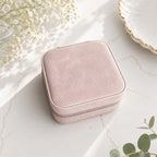 Compact personalized jewelry case with soft suede interior for travel in blush
