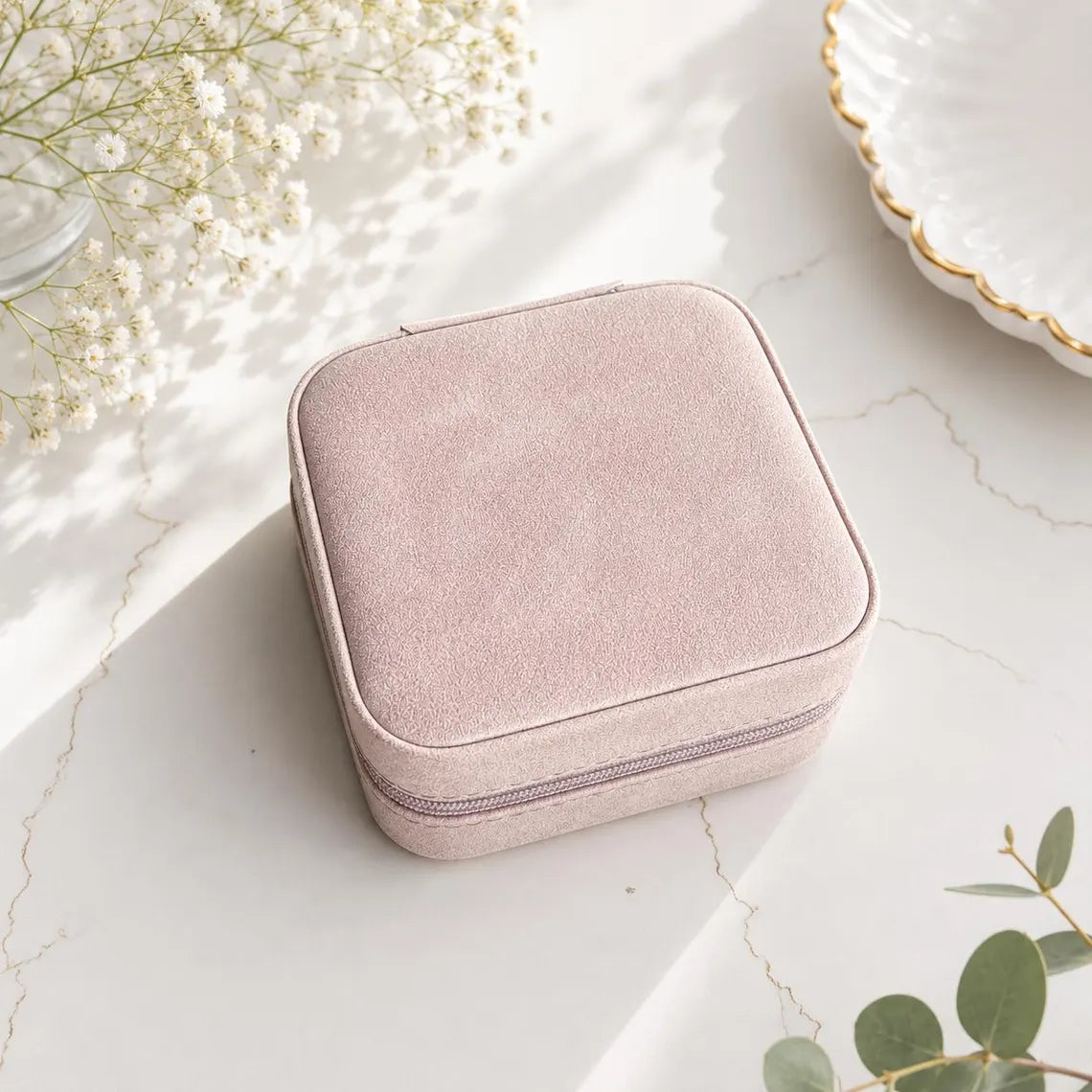 Compact personalized jewelry case with soft suede interior for travel in blush