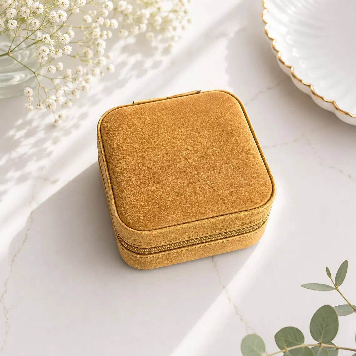 Compact personalized jewelry case with soft suede interior for travel in light brown