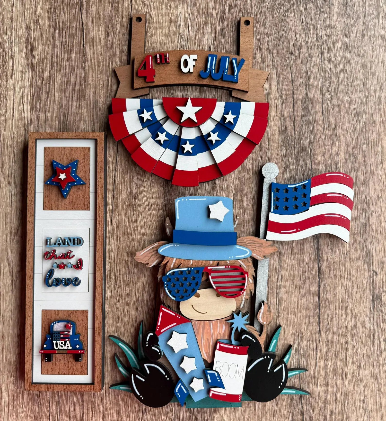 4th of July Highland Cow Interchangeable Sign Set for Wooden Post