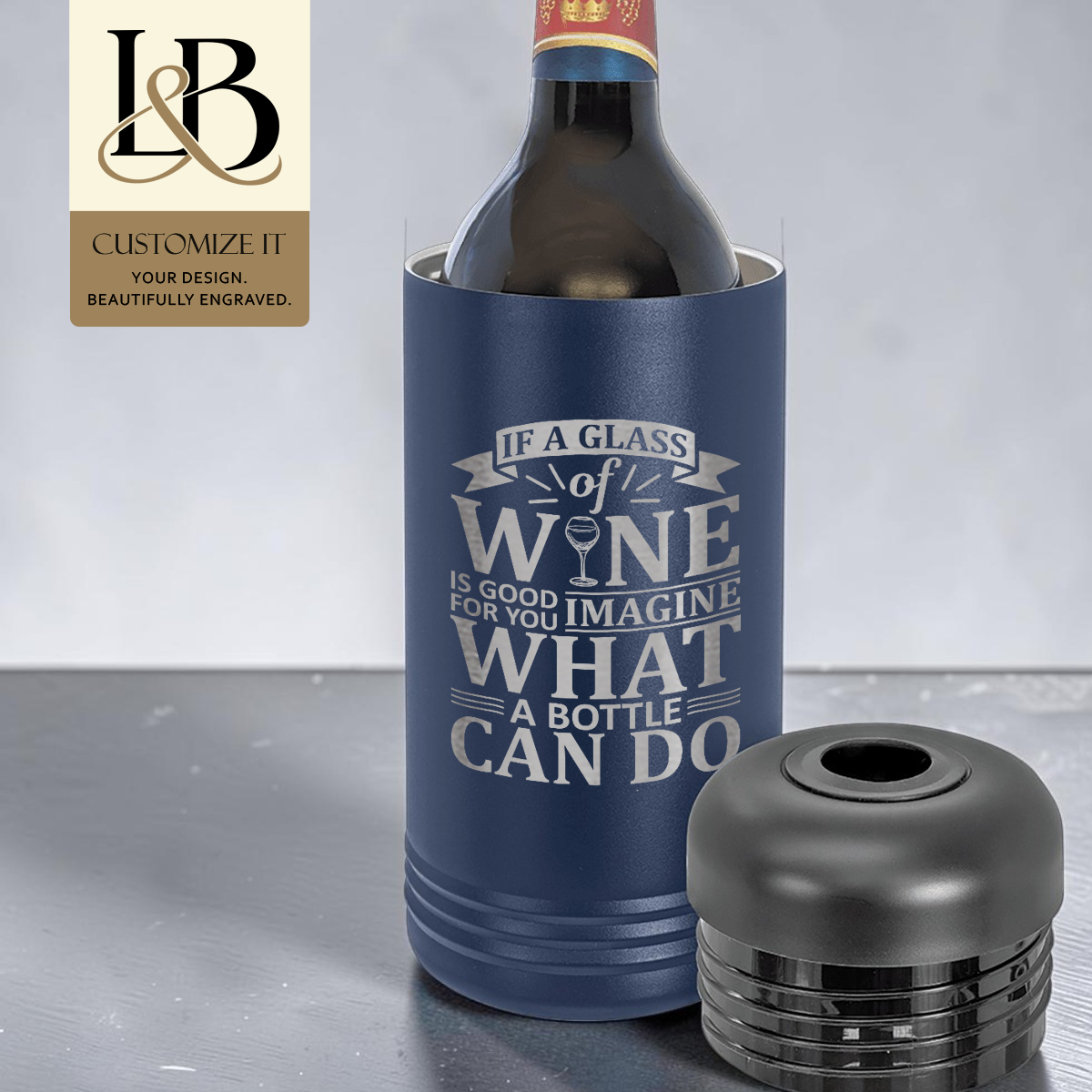 Navy wine bottle chiller with a wine saying, bottle, detached lid and gold brand badge.