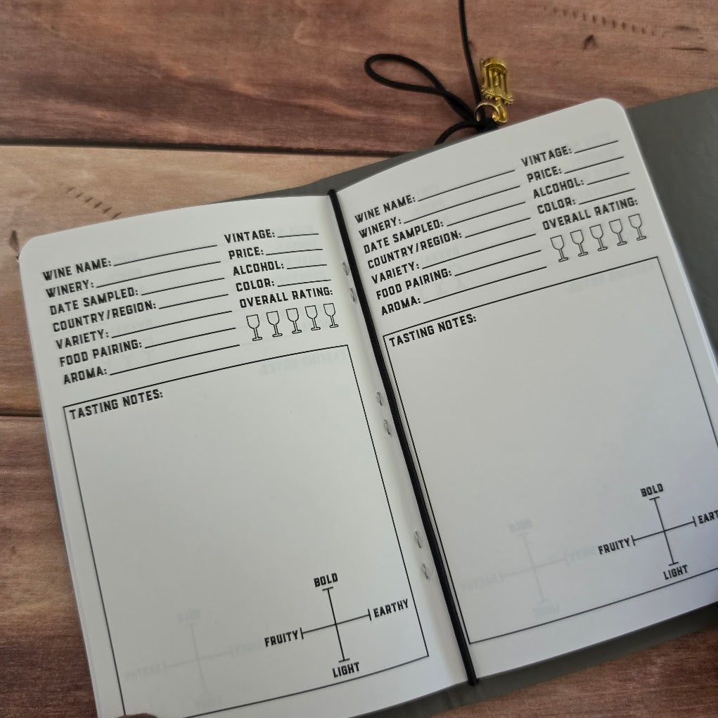 Open wine tasting log book showing guided wine tasting pages