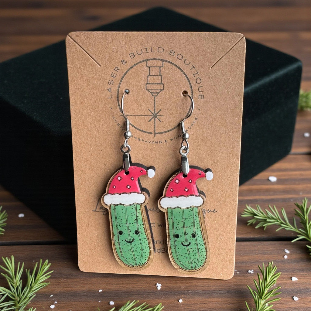 Custom engraved Pickle Santa Hat Holiday Wooden Earrings Wood Earrings by Laser & Build Boutique
