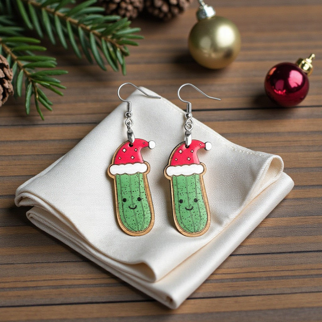 Custom engraved Pickle Santa Hat Holiday Wooden Earrings Wood Earrings by Laser & Build Boutique