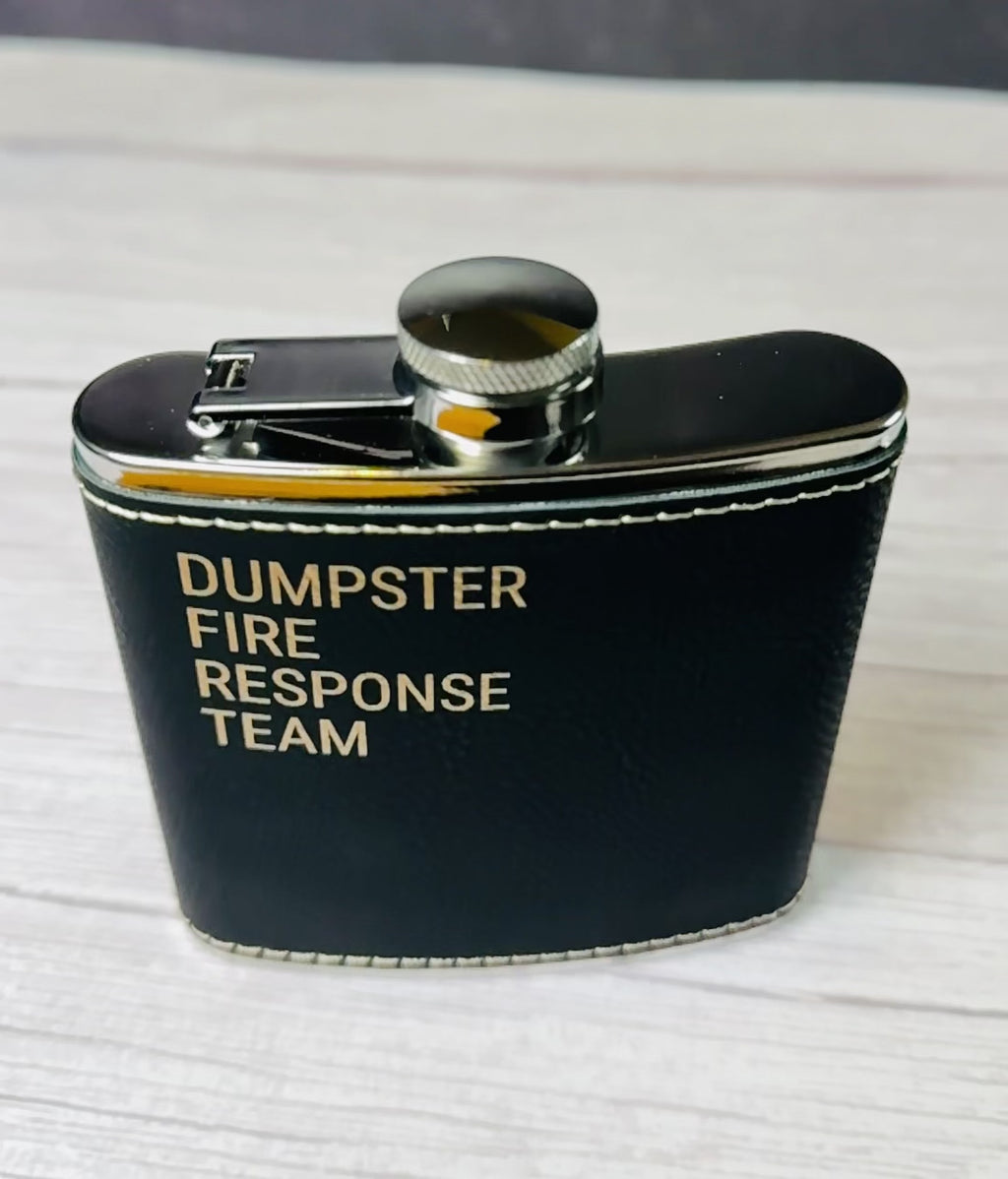 Engraved Leatherette Flask – “Dumpster Fire Response Team” | Stainless Steel Flask with Black Leatherette Wrap