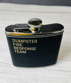 Engraved Leatherette Flask – “Dumpster Fire Response Team” | Stainless Steel Flask with Black Leatherette Wrap