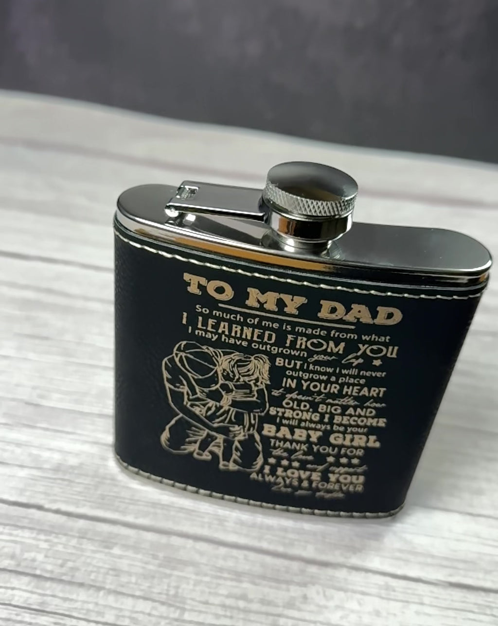 Engraved Leatherette Flask – “To My Dad” | Stainless Steel Flask with Black Leatherette Wrap