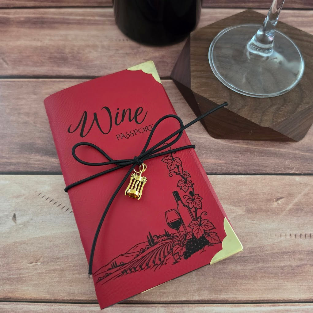 Wine tasting log book with engraved leatherette cover and wine-themed charm