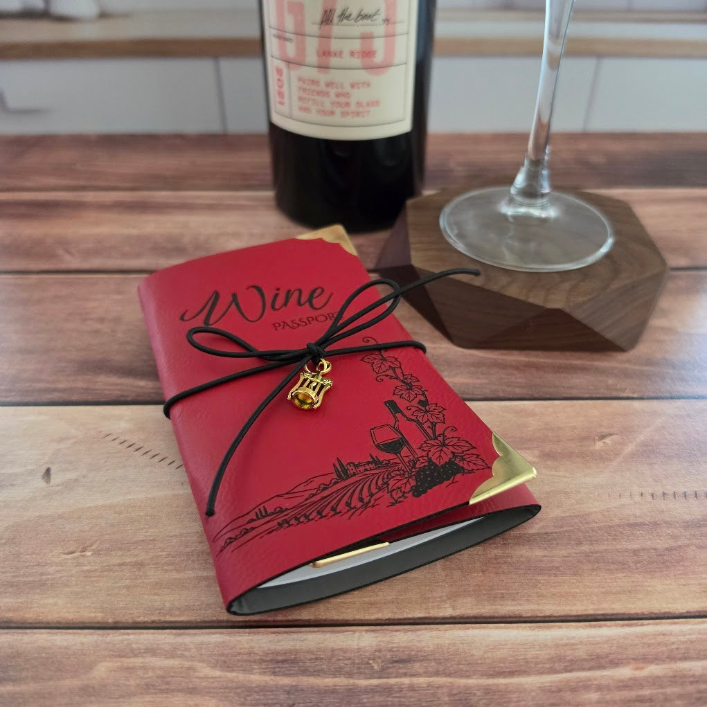 Pocket wine tasting journal in engraved leatherette for winery visits and wine trips