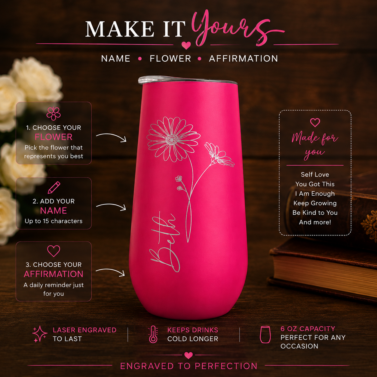 Personalized Affirmation Insulated Champagne Flutes with Floral Design