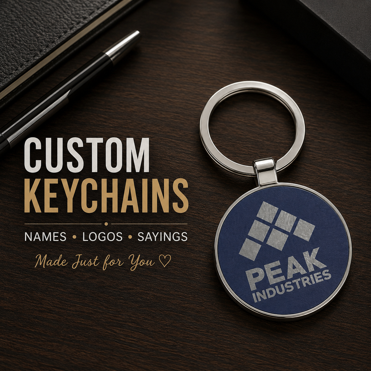 Custom Engraved Round Leatherette & Metal Keychain