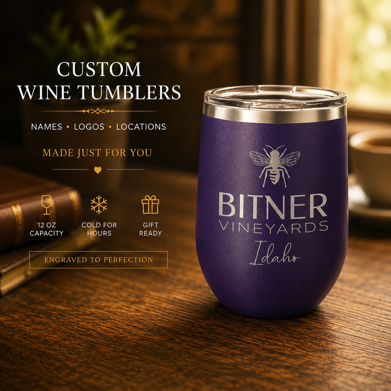 Custom Engraved Wine Tumbler | Personalized Stainless Steel Stemless Cup in Standard or Premium Ion Finishes, Laser Engraved Gift