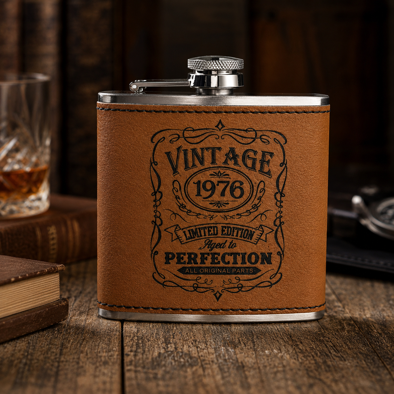 Engraved Leatherette Flask – Personalized “Aged to Perfection” Birthday Flask
