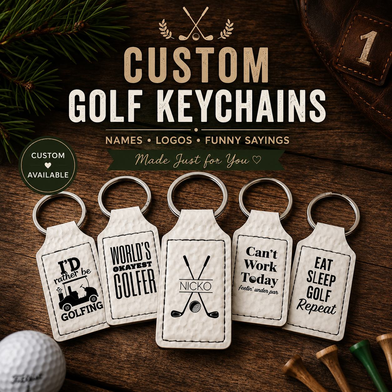 Custom Engraved Golf Ball Leatherette Keychain