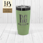 Sage green Rye & Grind Espresso tumbler with dark rim and a gold brand badge against pale wood.
