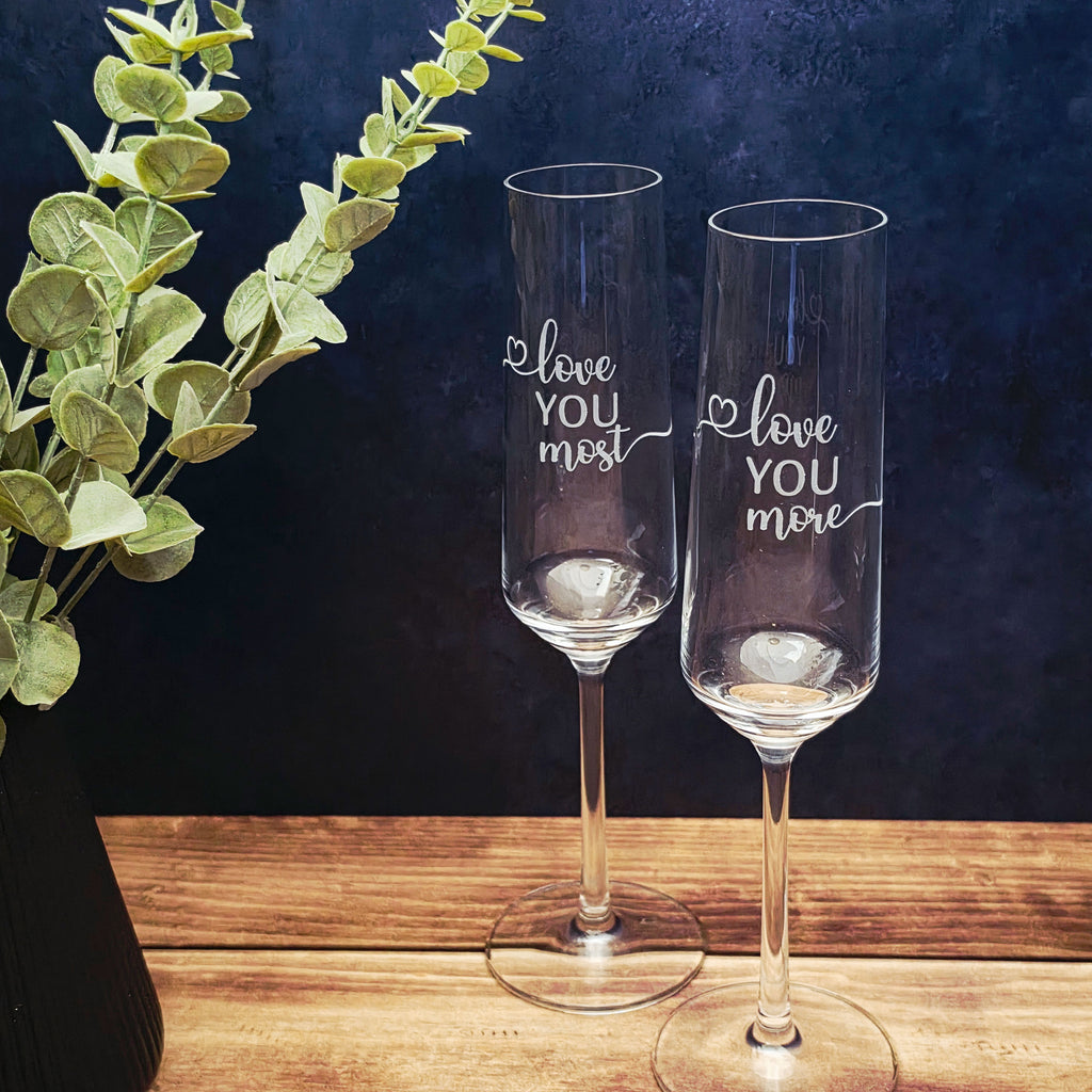 Gift-boxed pair of engraved Schott Zwiesel champagne glasses