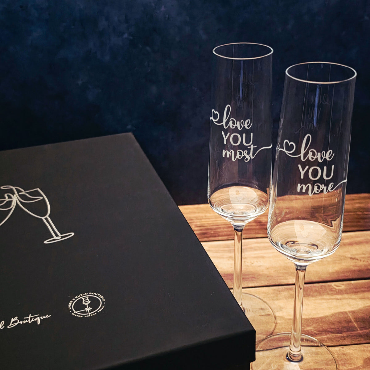 Schott Zwiesel champagne flute with Love you more engraving