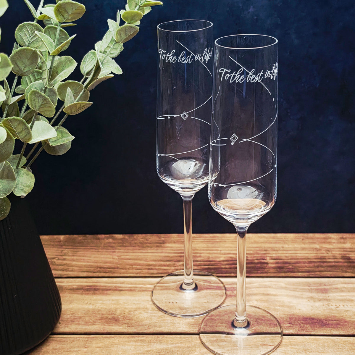  Set of two To the Best in Life engraved champagne flutes by Schott Zwiesel
